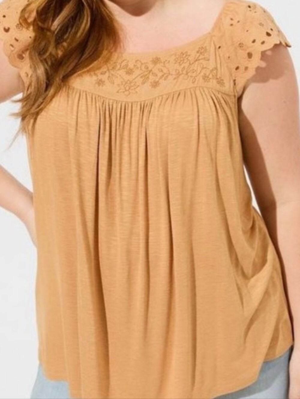 Torrid Tan Orange Knit Square Neck Eyelet Boho Babydoll Blouse Top Size 4 / 4XL